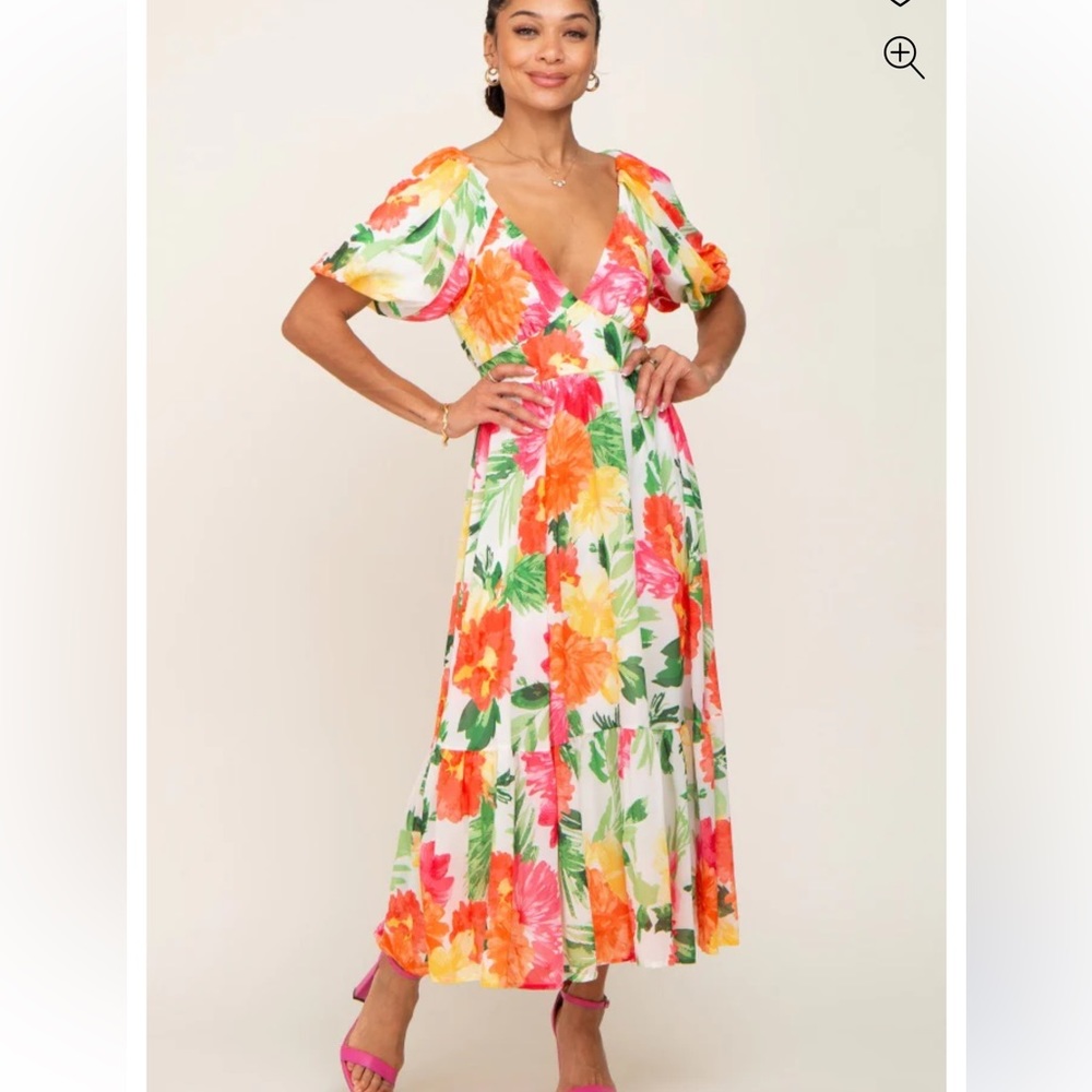 Ivory Floral Chiffon Puff Sleeve V-Neck Midi Dress